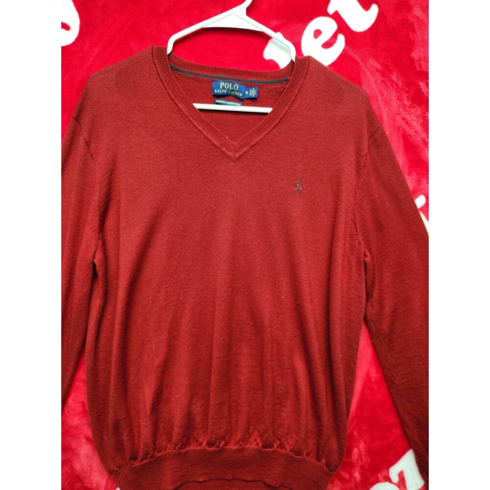 Polo Ralph Lauren Merino Wool Sweater Mens Medium Red V Neck Pullover
